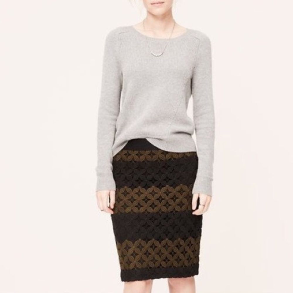 LOFT Crochet Lace Pencil Skirt Black Olive Green Floral Overlay Size 6